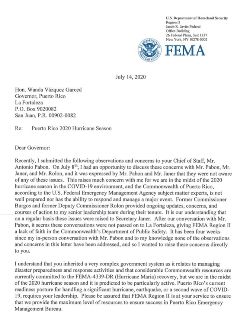 FEMA - carta - alerta gobierno no esta preparado para la temporada de huracanes - julio 29 2020